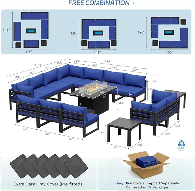 NICESOUL 15 Pcs Large Modern Aluminum Patio Furniture Set with Fire Pit Table Propane/Gas, L Shaped Sectional Sofa with Side Table, 500 lbs Heavy Duty Comfy Outdoor Couch for Backyard Lawn, Navy Blue