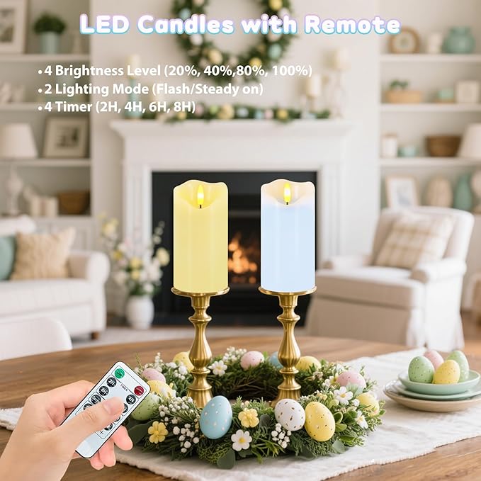 Flameless Candles Light, Set of 2 6"x3" Flickering Pastel Spring LED Candles with Remote & Timer, Dimmable Real Wax Easter Pillar Candles Battery Operated for Home Spring Easter Decor (Blue Yellow)