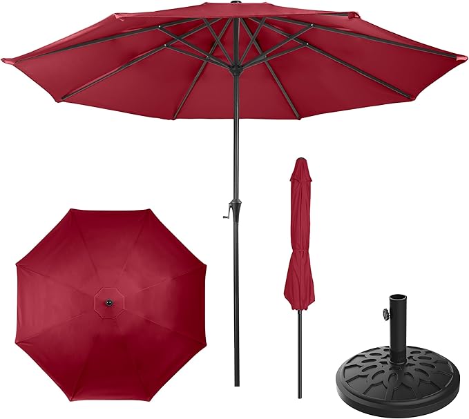 Pure Garden 9FT Round Patio Umbrella with 19lb Weighted Base - Easy Crank, Vented Canopy Outdoor Umbrella for Shade - for Deck, Balcony, Porch, Backyard, or Pool (Maroon Red)