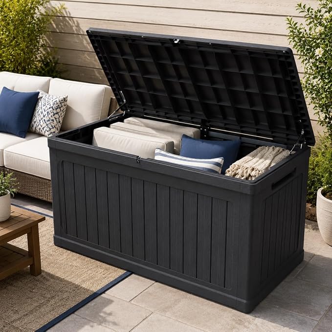 180 Gallon Large Outdoor Storage XXL Deck Box for Patio Furniture, Outdoor Cushions, Garden Tools and Sports/Pools Equipment, Waterproof Resin, Lockable, Black (Black + Plastic)