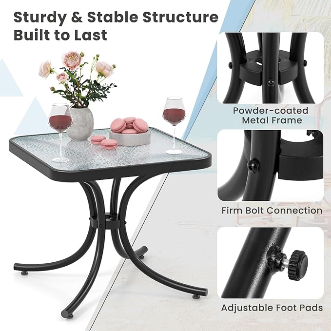 Tangkula Outdoor Side Table, 20 Inches Square End Table with Tempered Glass Top, Metal Frame, Small Patio Table for Garden, Backyard, Balcony, Poolside, Porch (1)