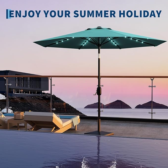 Garvee 9/10 FT Solar Patio Umbrella with 32 LED Lights - Outdoor Table Umbrella with Crank Lift, Push Button Tilt and 8 Sturdy Ribs - Market Umbrella UV Protection for Pool, Deck, Yard, Garden