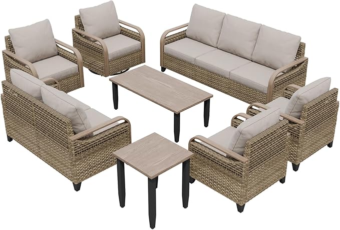 COOS BAY Modern Wicker Outdoor Furniture Set, 8 Piece Patio Conversation Set with 2 Swivel Rockers, 2 Patio Chairs, a 3 Seat Couch, a Loveseat, Coffee Table and Side Table, 8 Piece, Brown/Gray