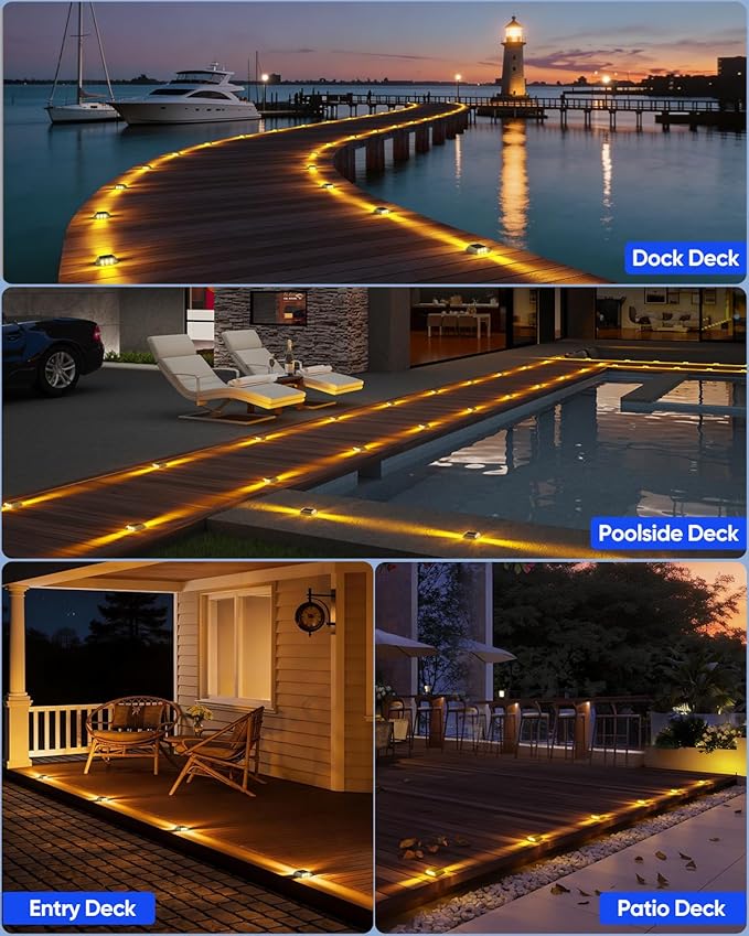DetarZinLED Solar Deck Lights Outdoor, 8 Pack Warm White Driveway Lights Solar Powered, IP68 Waterproof Stick on & Screw Dock Light for Pathway, Walkway, Sidewalk, Patio, Pool Deck, Garden, Step