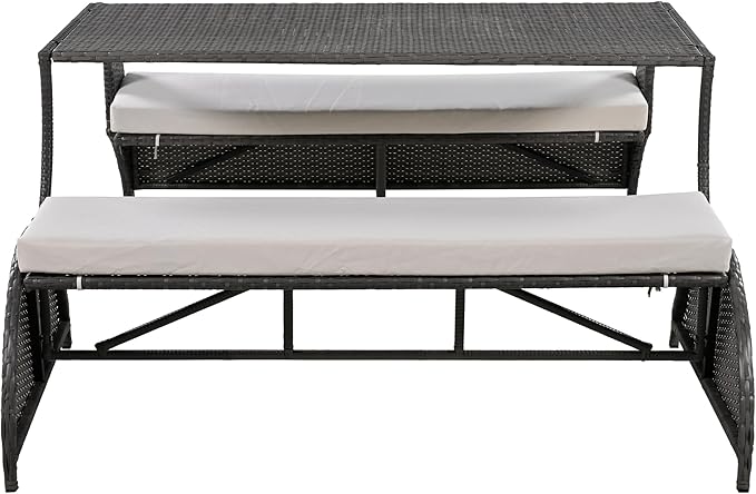 Merax Outdoor Rattan Loveseat, Patio Conversation Sets, Convertible to Four Seats with Table Sofa for Backyard, Garden and Lawn, Beige