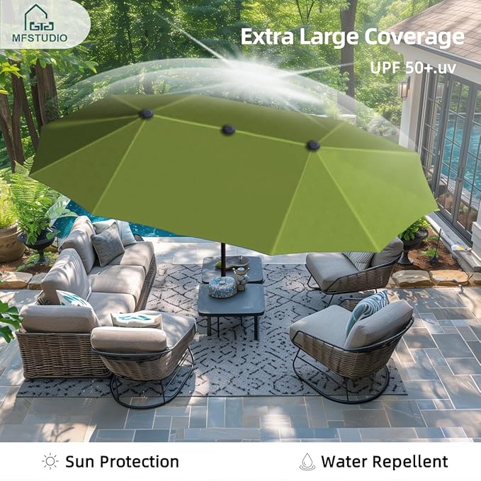 MFSTUDIO 13ft Outdoor Patio Umbrella, Double Sided Large Rectangular Umbrella Market Table Twin Triple Rectangle Umbrellas with Crank Handle for Outside Picnic Backyard Deck Pool (no base)