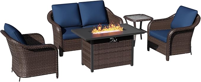 5 Piece Patio Wicker Conversation Set, All-Weather Use Outdoor Wicker Loveseat with 2 PE Rattan Ottomans,2 Chair, 1 Side Table, Ideal for Porch, Backyard, Balcony, Poolside, Blue