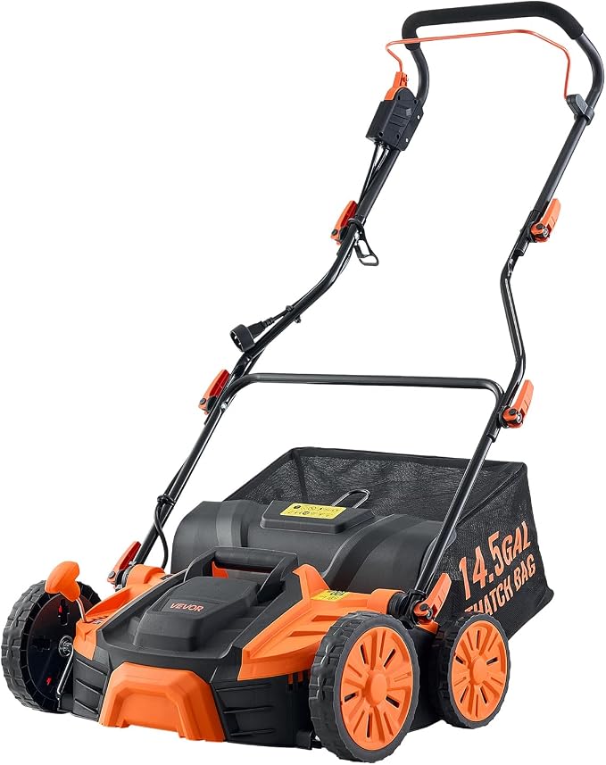 VEVOR 2-in-1 Electric Dethatcher and Scarifier, 16-Inch 15 Amp, Corded Lawn Dethatcher with 14.5-Gallon Thatch Collection Bag, 5-Position Depth Adjustment, Walk Behind Machine for Garden Yard Grass