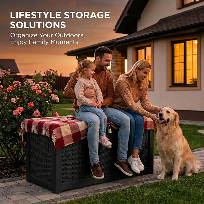 LAUSAINT HOME 100 Gallon Outdoor Deck Box, Waterproof Resin Storage Box with Lock, Patio Cushion Storage, Garden Tool Organizer, Pool Storage Container, Outdoor Storage Bench, Black