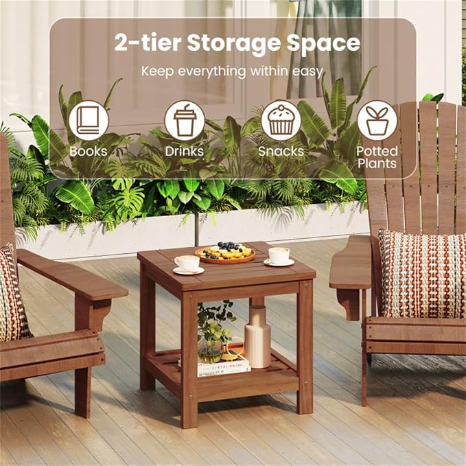 Outdoor Side Table, 2-Tier Solid Wood Patio End Table with Storage Shelf, 18 Inch Square Coffee Table with Teak Oil Finish for Garden, Poolside, Balcony and Living Room, Natural