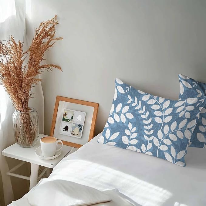 Lake Blue Leaves Outdoor Waterproof Throw Pillow Covers 20x12 Set of 2, Farmhouse Botanical Branch Vintage Boho Leaf Decorative Pillowcases Cushion Pillowcase for Couch Sofa Patio Pillow Protector