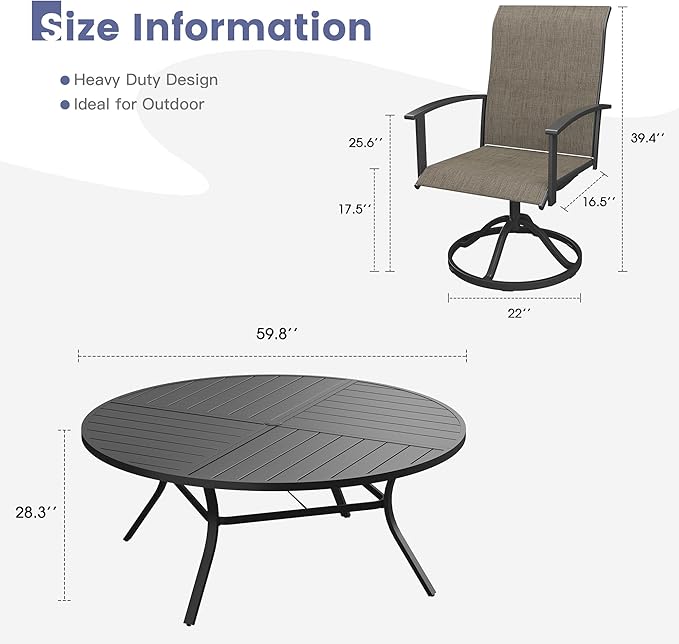 VICLLAX Outdoor Table and Chairs Set for 8, Patio Dining Set of 60 Metal Round Patio Table with Umbrella Hole & 9 Swivel Outdoor Dining Chairs for Backyard Lawn, Mixed Brown & Black
