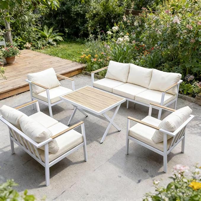 Aluminum Patio Sectional Furniture Set,5 piece Patio Conversation Sets Outdoor Patio Furniture Set Sofa with Coffee Table & Washable Cushions White