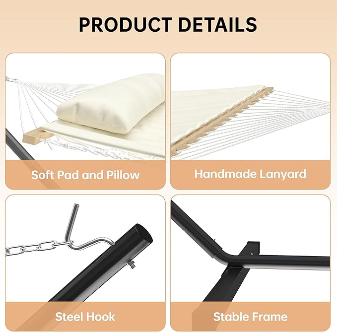 IDEALHOUSE Instant Setup Hammock, Portable Outdoor Steel Frame Hammocks, Heavy-Duty Garden Yard Beach Outdoor Max 450 LBS Capacity for 1-2, Beige
