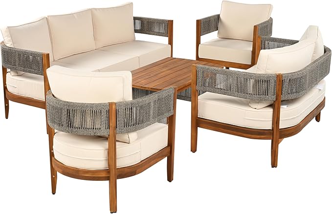 Christopher Knight Home Quixley Acacia Wood 5 Piece Patio Furniture Set, Large Wooden Patio Conversation Set with Club Chair+Coffee Table, 7-Seater Outdoor Loveseat Sofa Chair and Table Set,Teak+Beige