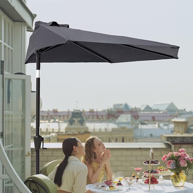C-Hopetree 9 ft Half Round Outdoor Patio Market Wall Umbrella with Tilt, Anthracite