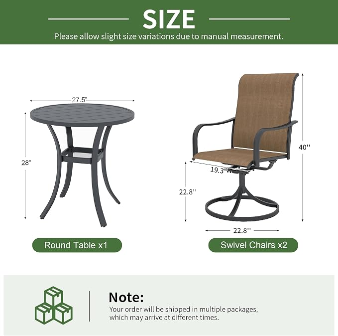 Anmutig 3-Piece Outdoor Patio Dining Set, 27.5" Black Round Table with 2 Swivel Rocking Patio Chairs Furniture Set for Kitchen Garden, Backyard, Brown