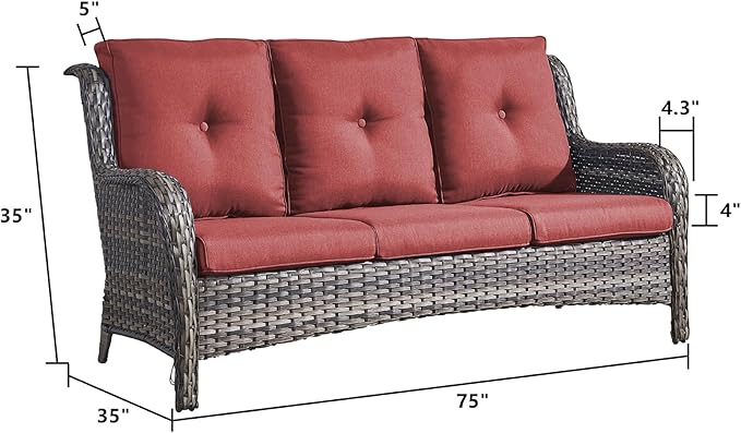 Rilyson Outdoor Couch Wicker Patio Sofa - 3 Seat Rattan Sofa with Deep Seating and Comfortable Cushions for Porch Deck Balcony Garden(Mixed Grey/Red)