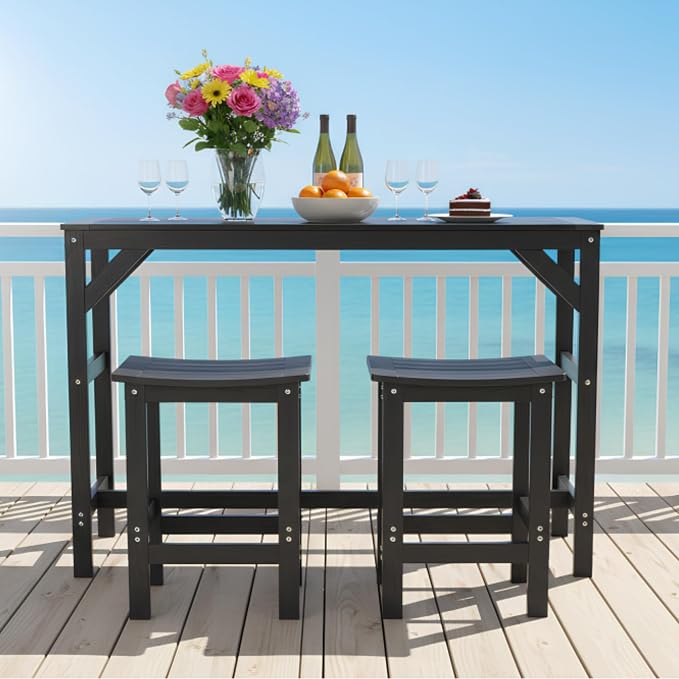 HIPS Outdoor Patio Bar Set, All Weather HIPS Bar Table and Chairs Set for Outside, 55" Rectangular High Top Bar Table with 2 Bar Stools for Poolside, Patio, Balcony, Deck (Black, 3 Pcs Set)