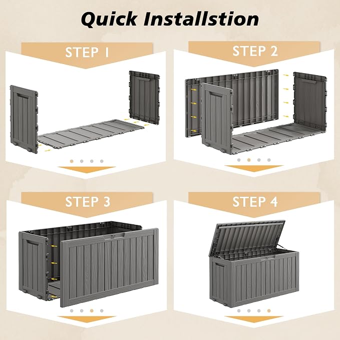 Fancyango 90 Gallon Outdoor Deck Box Waterproof, Large Storage Box for Patio, Resin Storage Bench Lockable for Garden Tools, Package Delivery, Grey