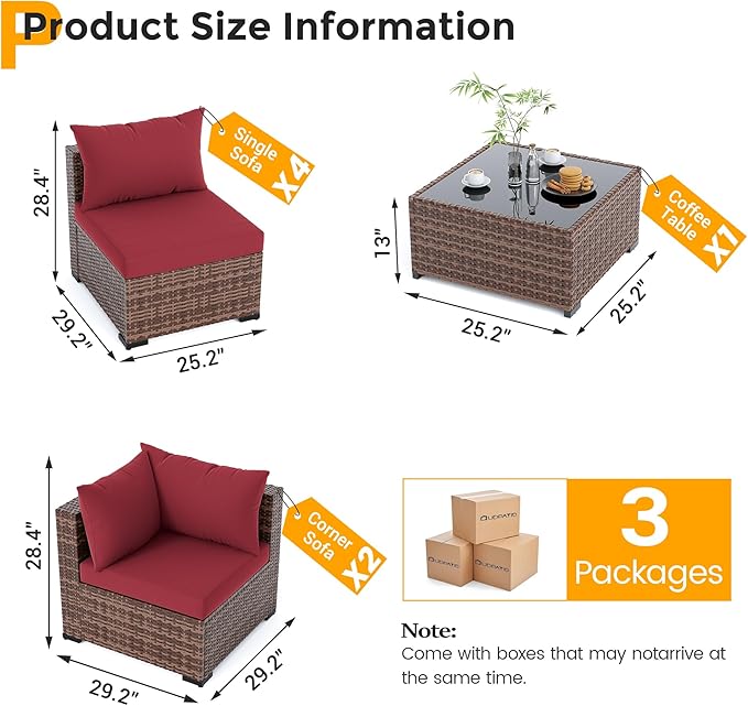 UDPATIO Patio Furniture Set, 7 Piece Outdoor Sectional Sofas with Wicker Coffee Table, Outdoor Patio Conversation Set for Garden, Backyard Wine