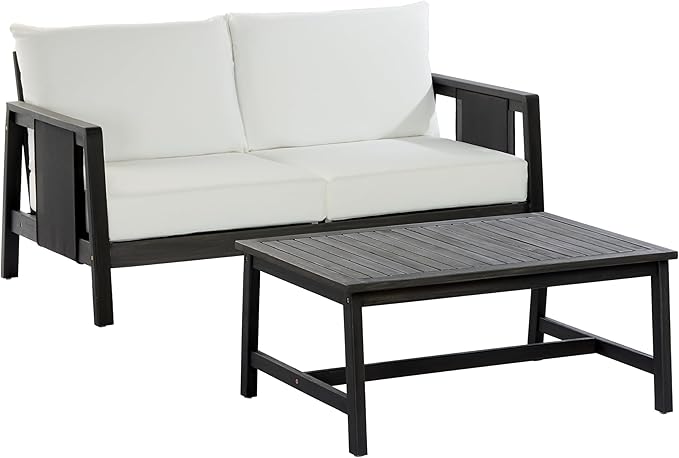 Christopher Knight Home Crew Acacia Wood Outdoor Loveseat and Coffee Table Set, 2 Piece Patio Furniture Set with Removable Cushion, Solid Wood Outdoor Conversation Set, Black+White