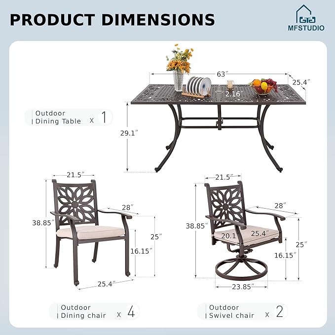 MFSTUDIO 7 Pieces Cast Aluminum Patio Dining Set with 2×Swivel & Rock Chair, 4×Extra Wide Dining Chair and 1×63" Rectangular Dining Table, Outdoor Dining Set for 6, Brown