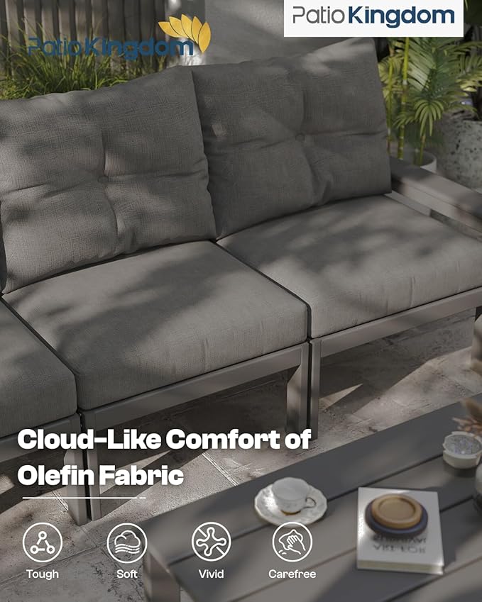 Grey HDPE Outdoor Patio Furniture Set, 10-Piece Patio Conversation Sets with Coffee Table & Washable Thick Cushions, Outdoor Sofa for Garden, Balcony, Porch, Yard, Lawn, Poolside
