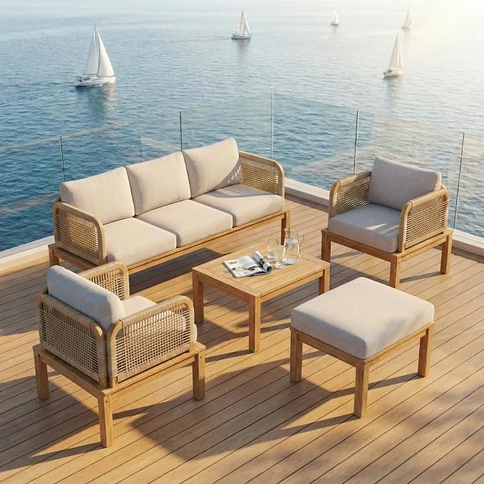 Patio Furniture Set of 5, Outdoor Sectional Furniture with Coffee Table and Ottoman, All-Weather Patio Conversation Set for Backyard, Garden and Poolside (Series A)