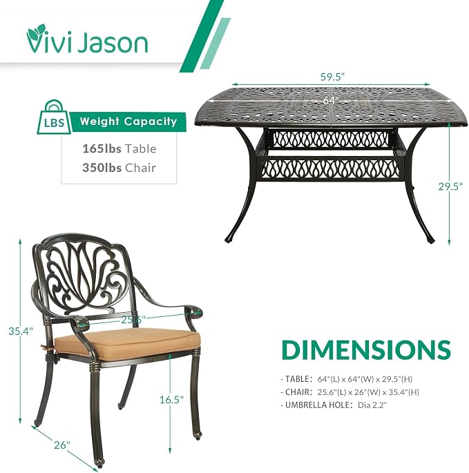 VIVIJASON 9-Piece Outdoor Furniture Dining Set for 8, All-Weather Cast Aluminum Patio Table and Chairs Set with 8 Cushioned Chairs, 64" Large Square Dining Table and Umbrella Hole for Deck Lawn, Khaki
