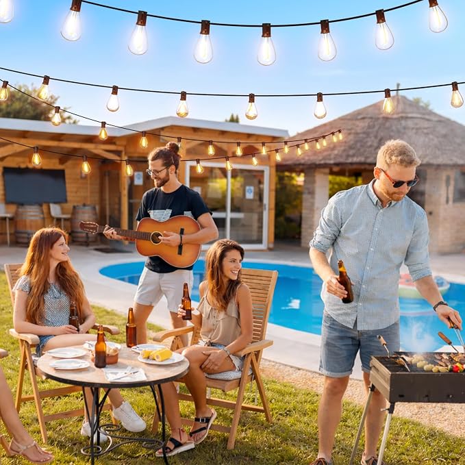 150FT Outdoor String Lights with Remote & Dimmable, 55+2 Shatterproof Waterproof Bulbs, Dimmable Outside Hanging Patio Lights for Backyard, Porch, Deck, Garden 2700K Warm White