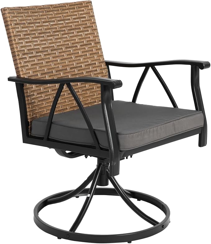 GDFStudio 5-Piece Patio Dining Set,Outdoor Wicker Furniture Set with Swivel Rocker Chairs,Square Steel Table with Umbrella Hole, Cushioned Seating with Removable Covers for Garden,Poolside,Brown Gray