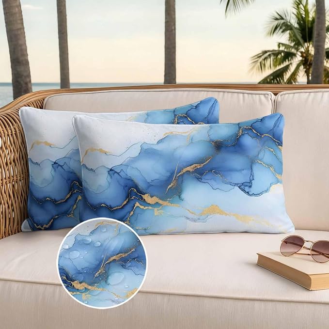 Abstract Marble Texture Outdoor Waterproof Throw Pillow Covers Set of 2, 20"x12", Gold Blue Gradient Modern Art Decoration Decorative Pillow Covers Outside Cushion Case for Patio Porch Garden