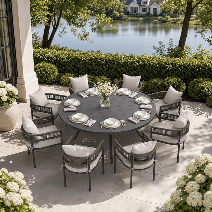 VICLLAX Patio Dining Set, 63" Black Table & 6 Chairs with Wheat Cushion | Outdoor Table and Chairs Set of Round Metal Patio Table, Outdoor Dining Chairs with Metal Frame, Garden Deck Porch