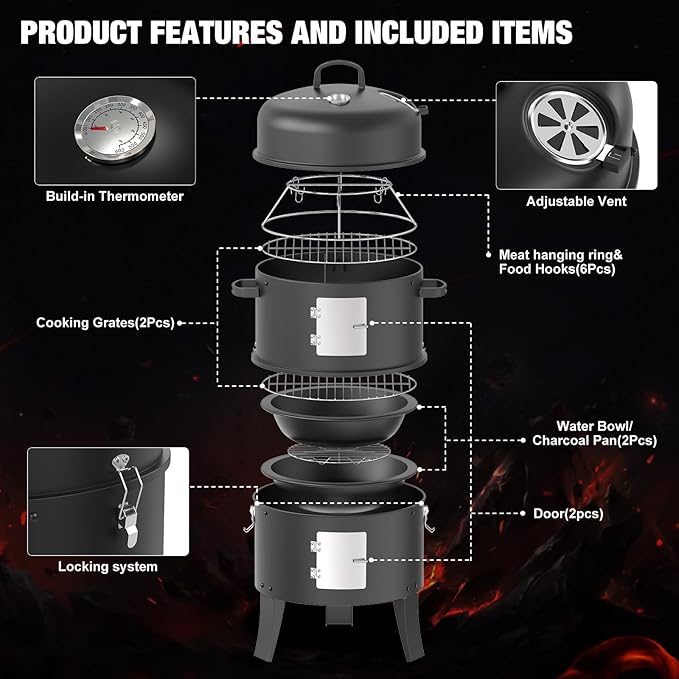16" Charcoal Smoker, 3 in 1 Heavy Duty Vertical Barbecue Grill, Outdoor Fire Pit 402 Square Inches Cooking Area, Versatile Outdoor Smoker Grill, Black