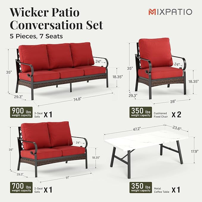 Patio Furniture Set with Coffee Table, Outdoor Conversation Set with 2 x Fixed Chairs, 1 x 2-Seat Sofa, 1 x 3-Seat Sofa for Lawn Garden Backyard, Red