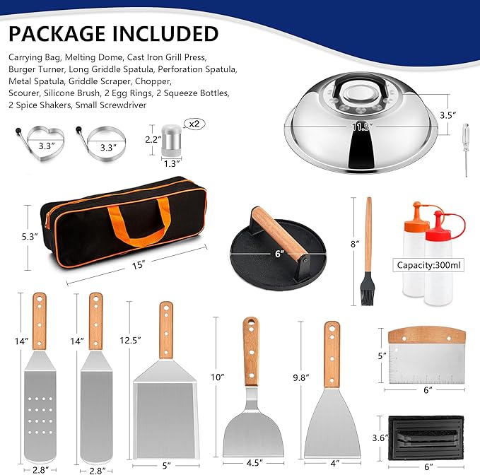 18Pcs Griddle Accessories Kit for Blackstone, Joyfair Flattop Grilling Accessory Set with Smash Burger Press, Stainless Steel Spatula Tools with Basting Cover for Outdoor BBQ Cooking (Wooden Handles)