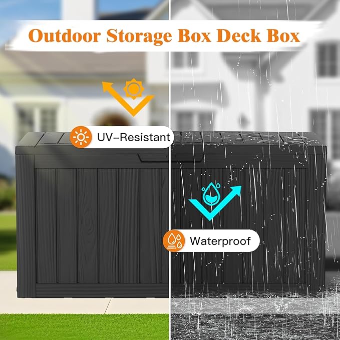 Outdoor Storage Box, 75 Gallon Waterproof Deck Boxes, Resin, Lockable Pool Deck Box for Garden Tools, Patio,Pool Accessories, Cushions, Large Delivery Boxes with Handle，Weatherproof & UV-Resistant
