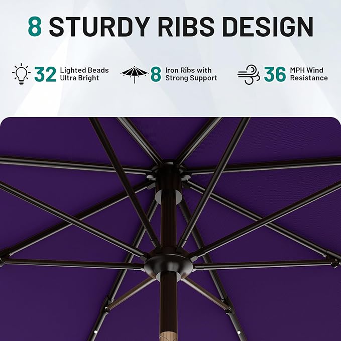 AreShark 9FT Patio Umbrella with Solar Lights, 32 Lighted Pool Umbrella w/Tilt and Crank, Outdoor Market Solar Umbrellas for Garden, Deck, Backyard, Pool and Beach, Purple