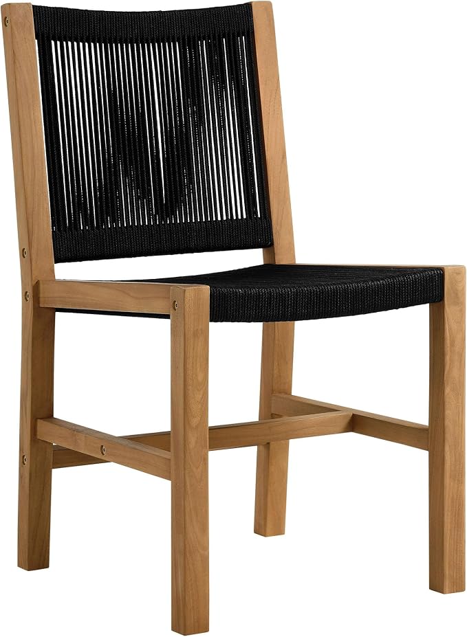 Modway Vienna Outdoor Patio Teak Wood 3-Piece Dining Set in Natural Black – Weather-Resistant Square Dining Table with Woven Rope Armless Chairs – Bistro Set for 2 – Chair Patio Set with Table