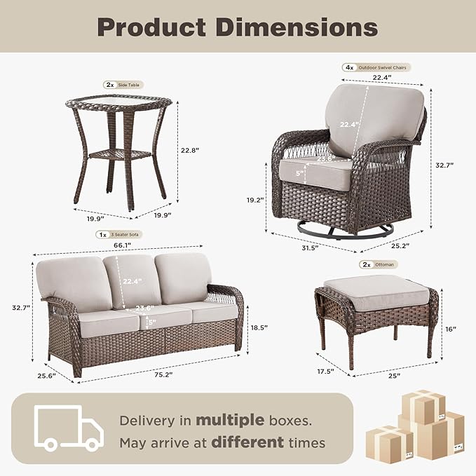 Belord Patio Wicker Swivel Rocker Patio Chairs with 3-Seater Sofa, Outdoor Rattan Chairs for Deck Porch Poolside, 9 Piece Patio Conversation Furniture Set,Beige