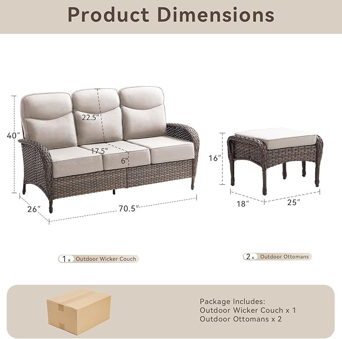 3 Pieces Luxury Patio Furniture Sofa Set with 6-Inch Thick Cushions, Outdoor Wicker Patio Furniture Covered Couch with Multifunctional Ottoman, Patio Conversation Set for Porch Garden, Beige
