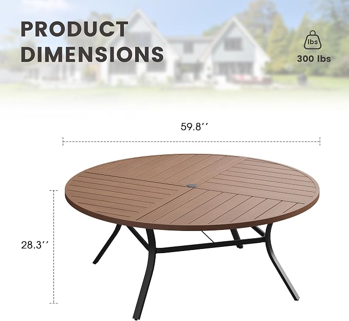 60" Outdoor Dining Table with Adjustable Umbrella Hole, Metal Slatted Round Patio Dining Table for Backyard Garden Deck, Walnut