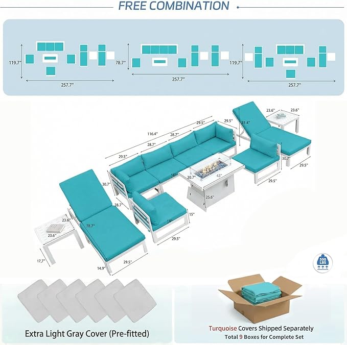 NICESOUL 8 People Large Luxury Aluminum Patio Conversation Set with Lounge Chair & Fire Pit Table, 29" Deep Wide Modular Sectional Couch, 500 lbs Heavy Duty All Weather Outdoor Sofa for Poolside, Teal