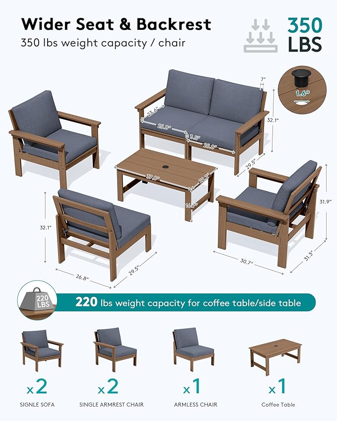 SERWALL HDPE Patio Conversation Set, 6-piece Sectional Outdoor Furniture Set, All Weather Outdoor Couch Set Patio Furniture Set for Deck, Lawn, Grey Frame with Grey Cushion