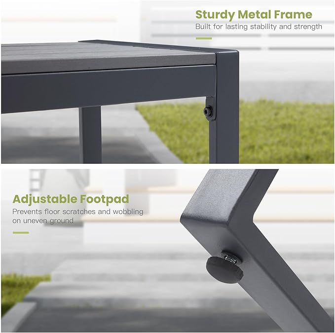 3 Pieces Outdoor Dining Set, 63" Patio Dining Table with 2 Outdoor Backless Benches Metal Frame & Faux Wood Seat for Garden Lawn Backyard, Grey