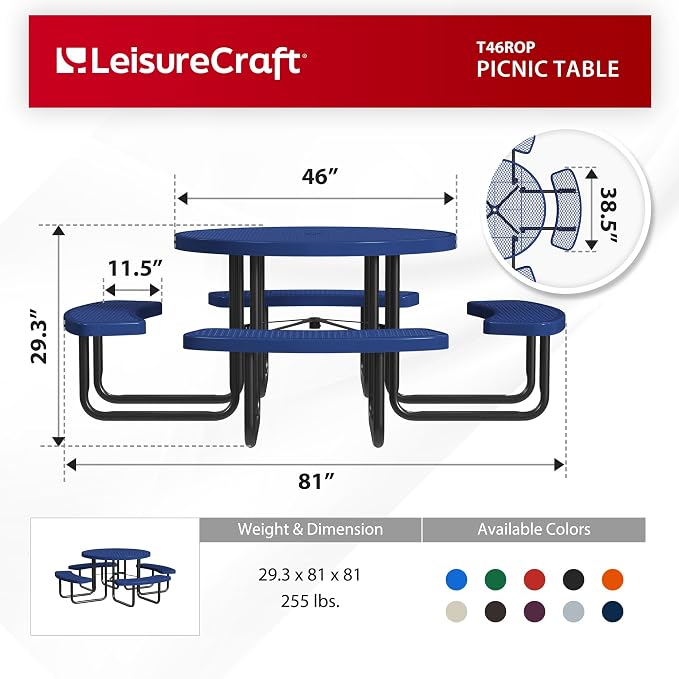 Leisure Craft Metal Picnic Table with Bench - 46"" Round Outdoor Dining Table for 8 with Umbrella Hole, Weatherproof Heavy Duty Thermoplastic Coating, Commercial Grade Furniture Made in USA - Navy