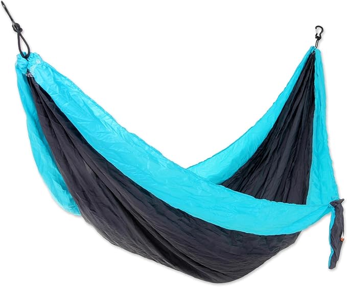 NOVICA Black with Turquoise Blue Trim Parachute Portable 1 Person Camping Hammock with Hanging Straps, 'Highland Dreams' (Single)