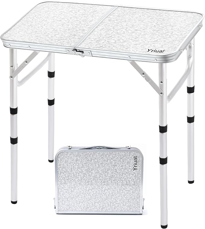 Yriuat Folding Camping Table 2ft Portable Picnic Table Adjustable Height Small Card Table Aluminum Foldable Lightweight with Carry Handle for Outdoor Indoor Hiking Camp BBQ Beach