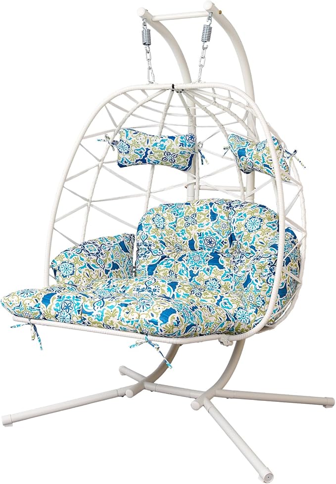 Double Egg Hammock Chair with Stand, Swing Egg Chair, Wicker Hanging Chair with Washable Cushion - Sturdy Metal Stand, 600lbs Capacity for Indoor Outdoor Patio Living Room Etc (White+Morocco Dream)